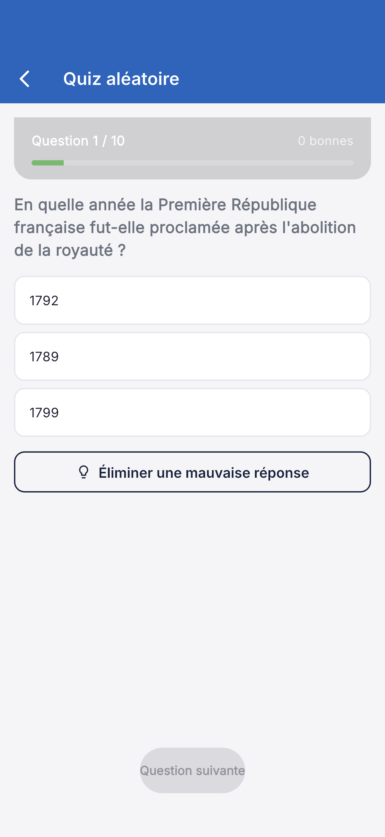 Question de culture générale dans l'application Objectif Gendarme - exemple de QCM pour le concours de Gendarmerie nationale