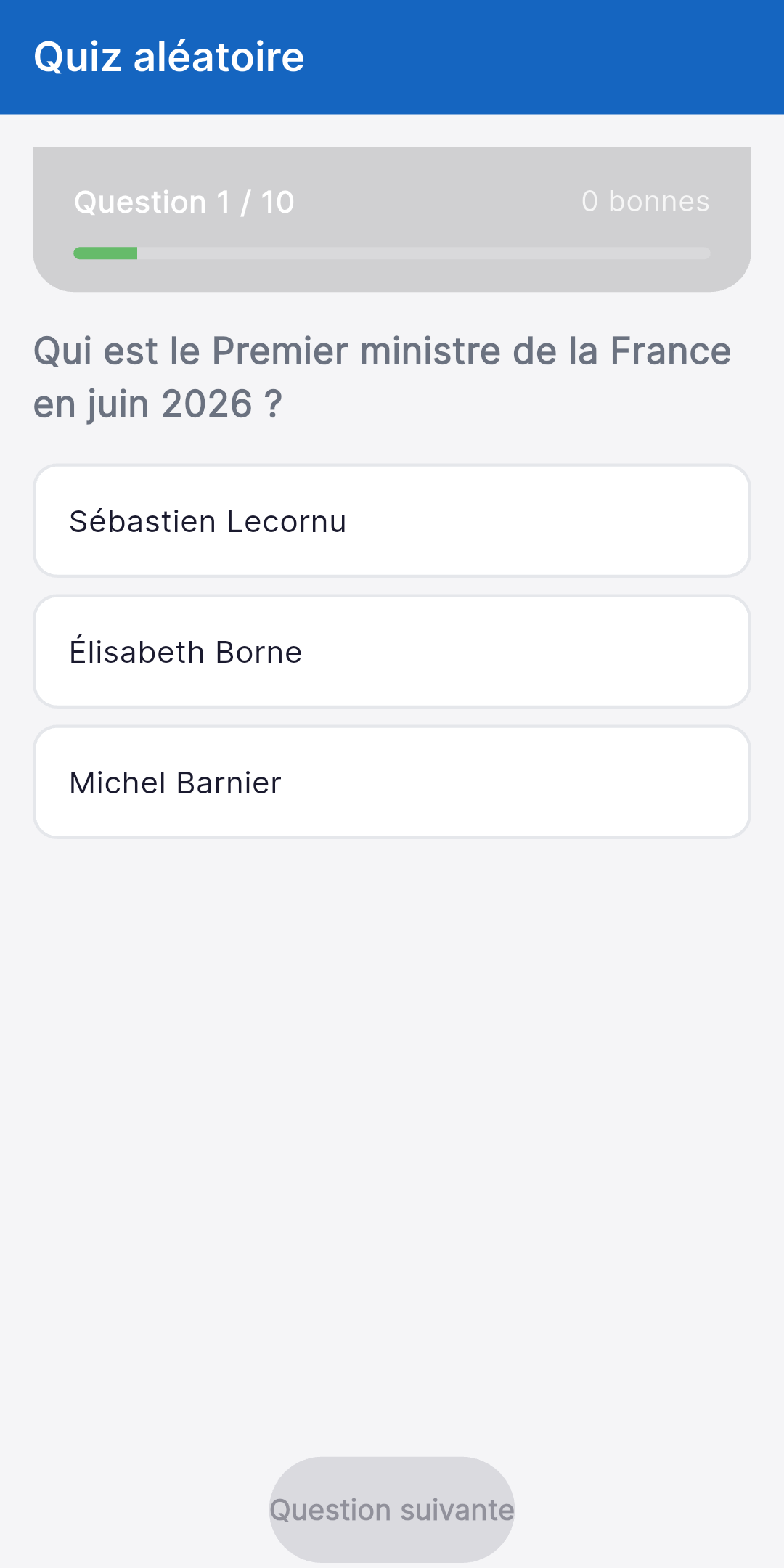 Question de culture générale dans l'application Objectif Gendarme - exemple de QCM pour le concours de Gendarmerie nationale
