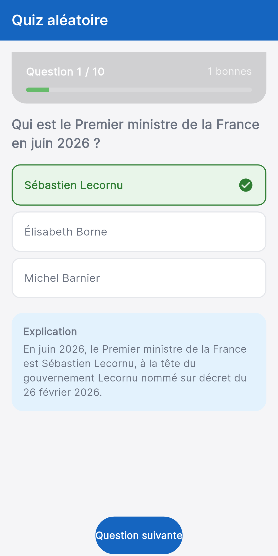 Correction expliquée après une réponse dans l'application Objectif Gendarme - bonne réponse mise en évidence et explication détaillée