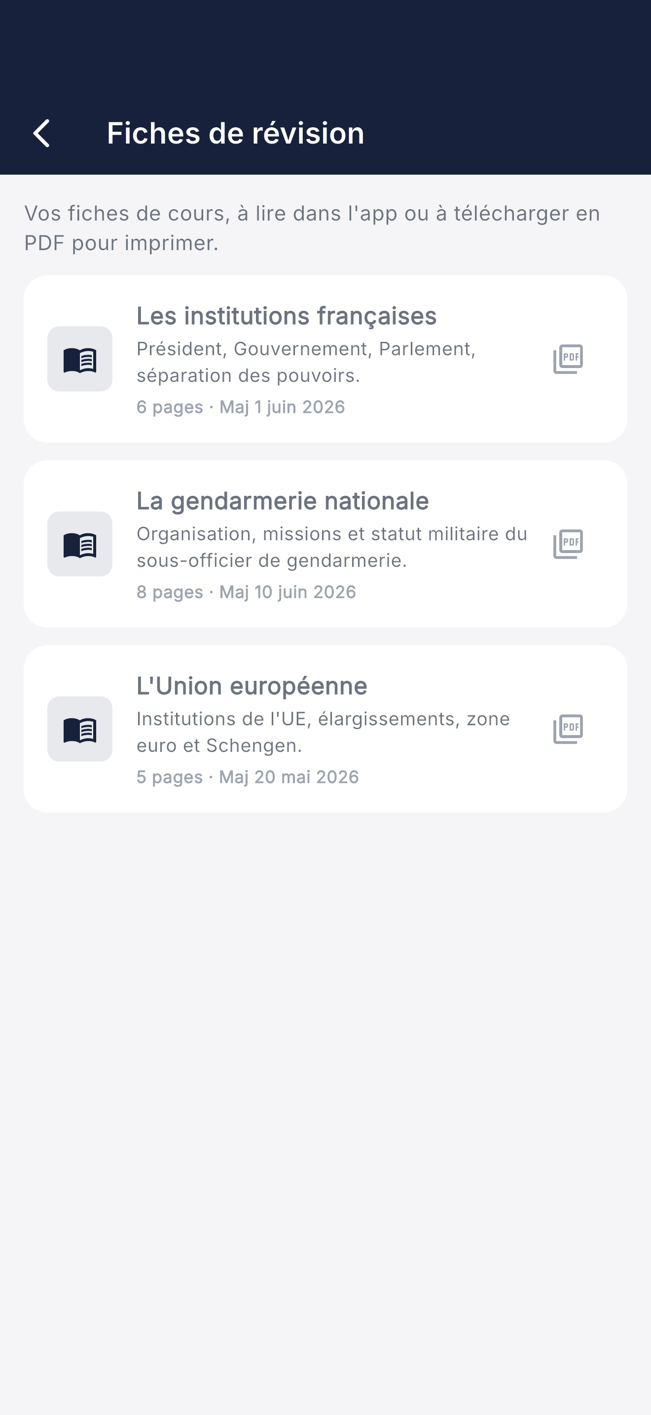 Fiches de révision dans l'application Objectif Gendarme, disponibles dans l'application et en PDF