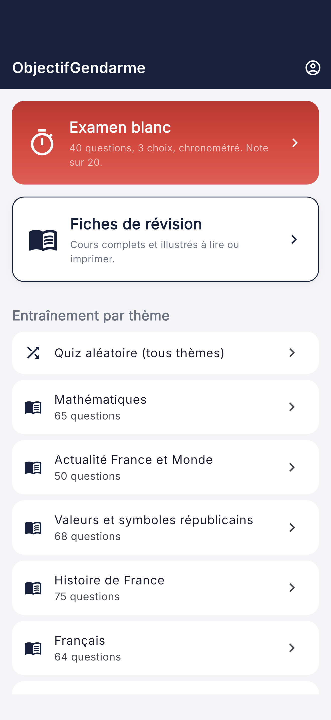 Écran d'accueil d'Objectif Gendarme - commencer avec 10 questions gratuites, sans compte ni abonnement