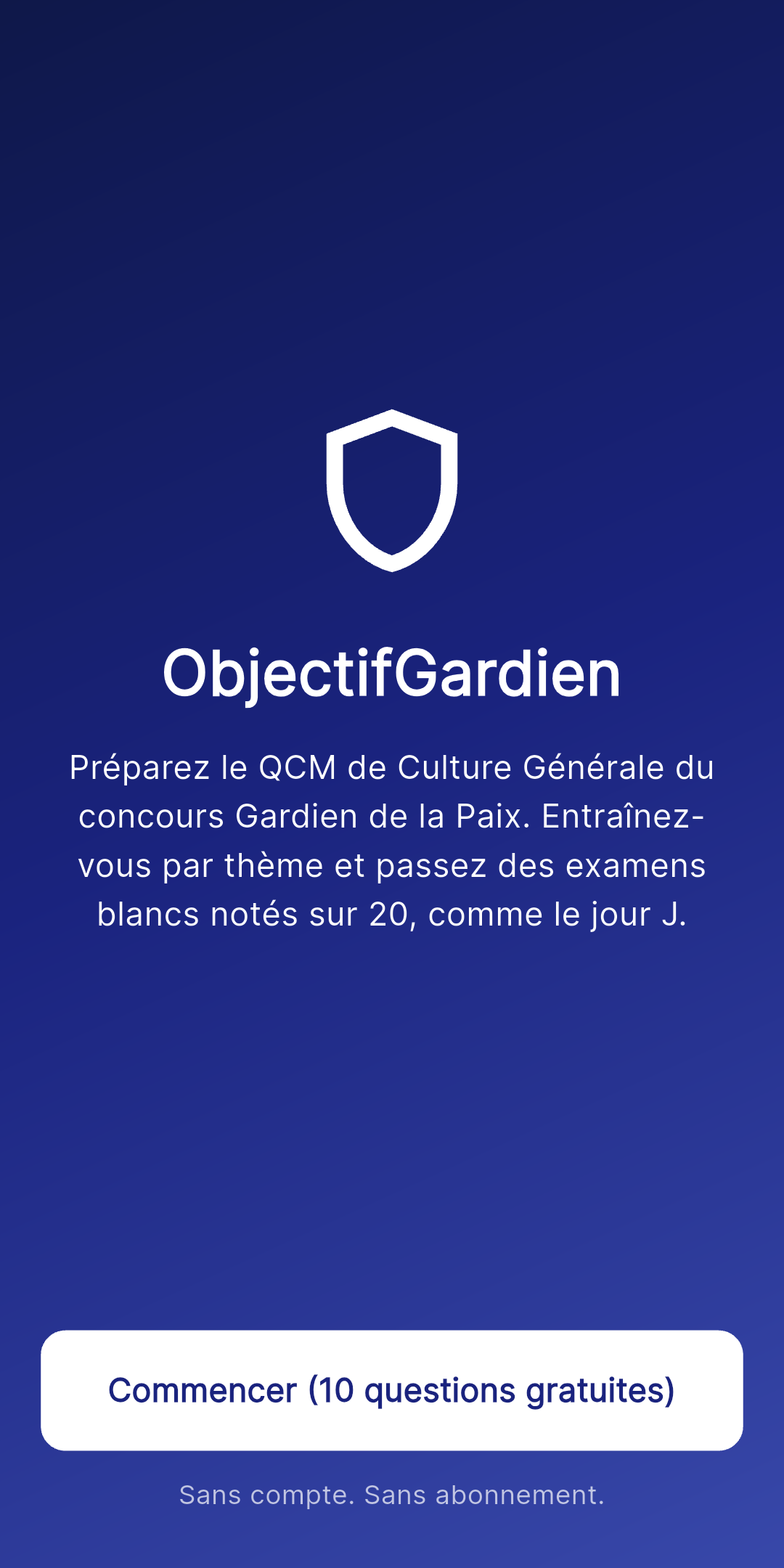 Écran d'accueil d'Objectif Gendarme - commencer avec 10 questions gratuites, sans compte ni abonnement