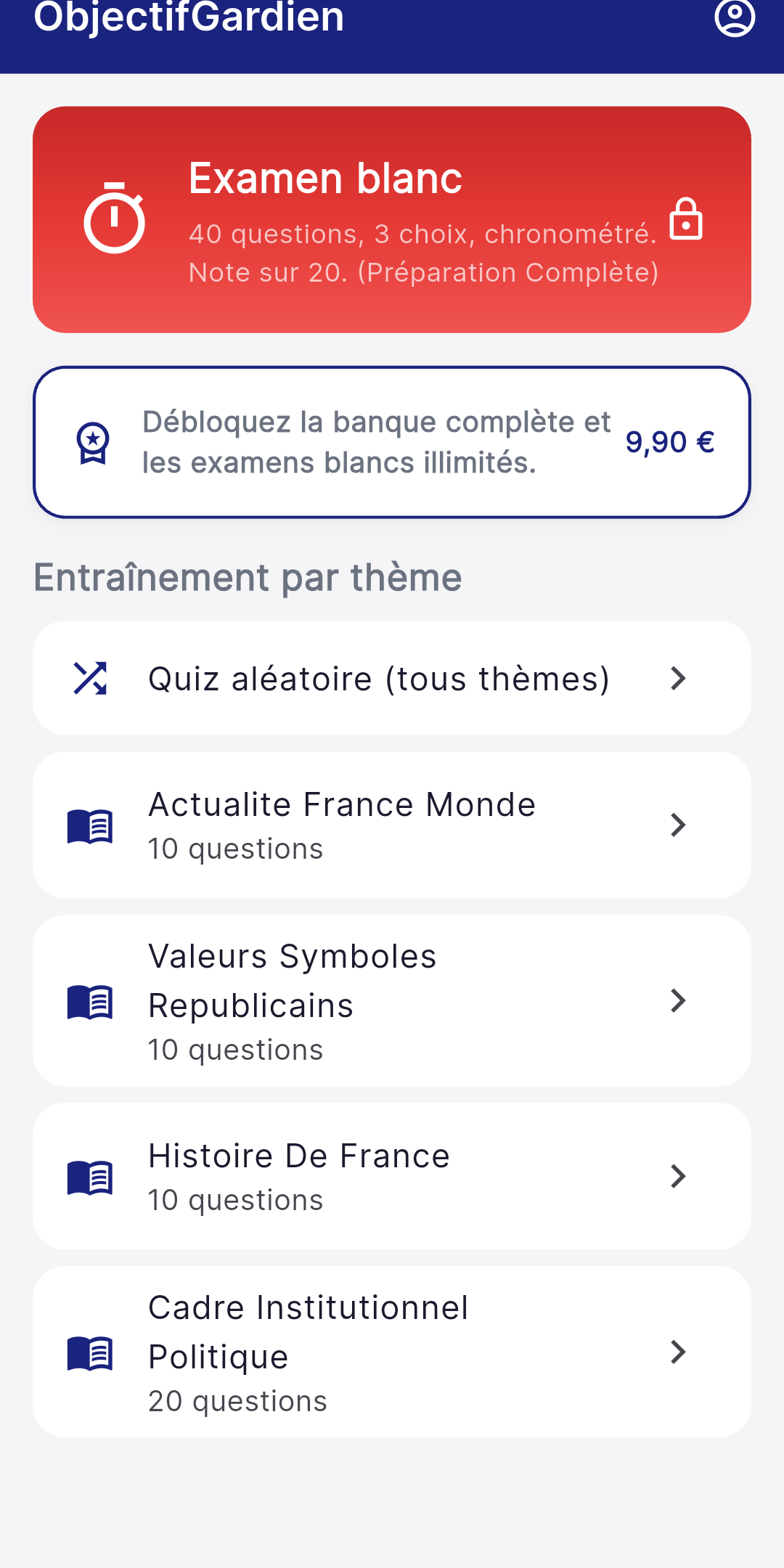 Écran d'accueil de l'application Objectif Gendarme avec le thème Histoire de France et le mode examen blanc